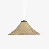 Woven rattan pendant light with warm glow