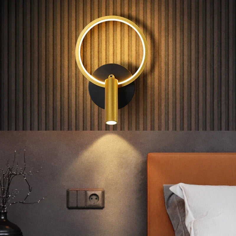 Gold round light in a hallway