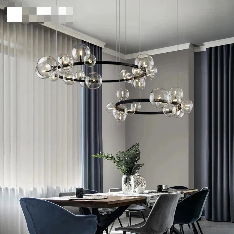 Glass ball pendant over a dining table