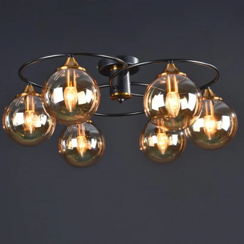 Amber glass ball chandelier in a dining room