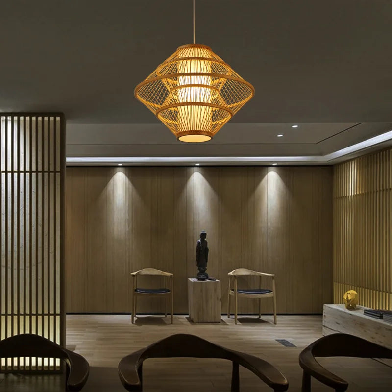 Rattan pendant in a hotel lobby