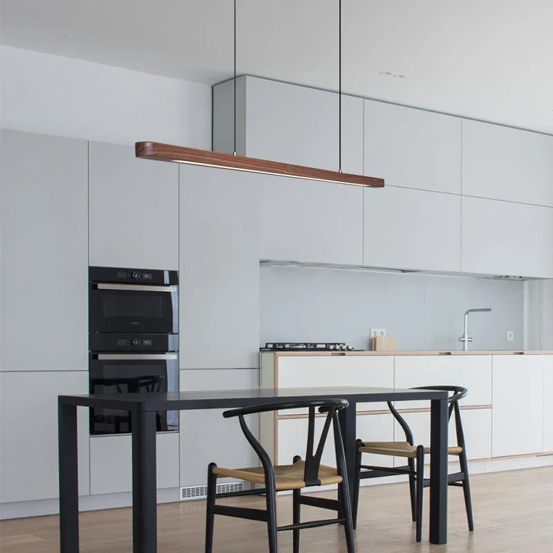 Wood LED pendant over a dining table