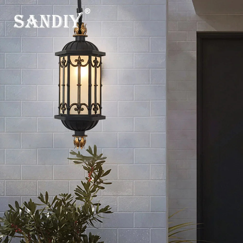 Black and gold lantern on a porch