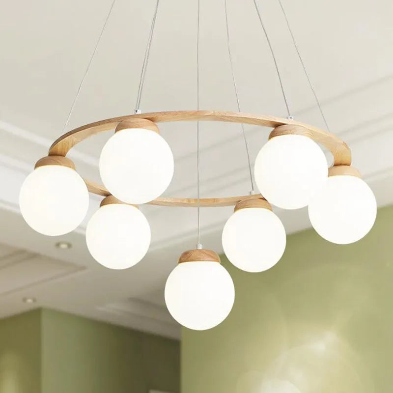 Nordic wood chandelier with white glass