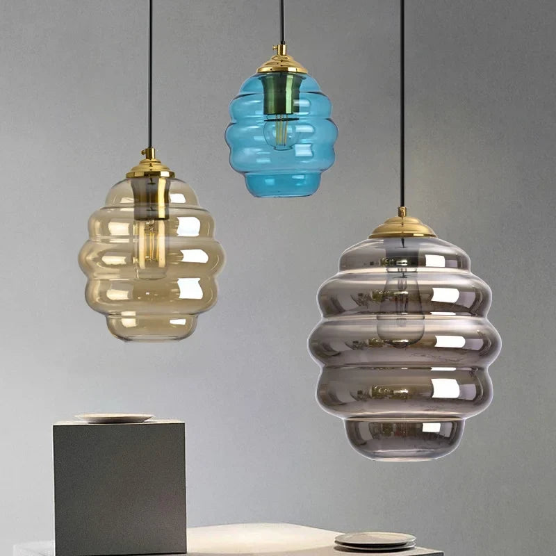 Blue glass pendant over a table
