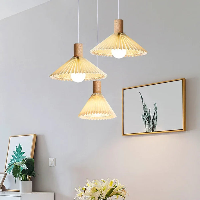 Pleated fabric wood pendant
