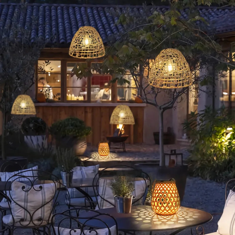 Rattan solar lantern on a patio