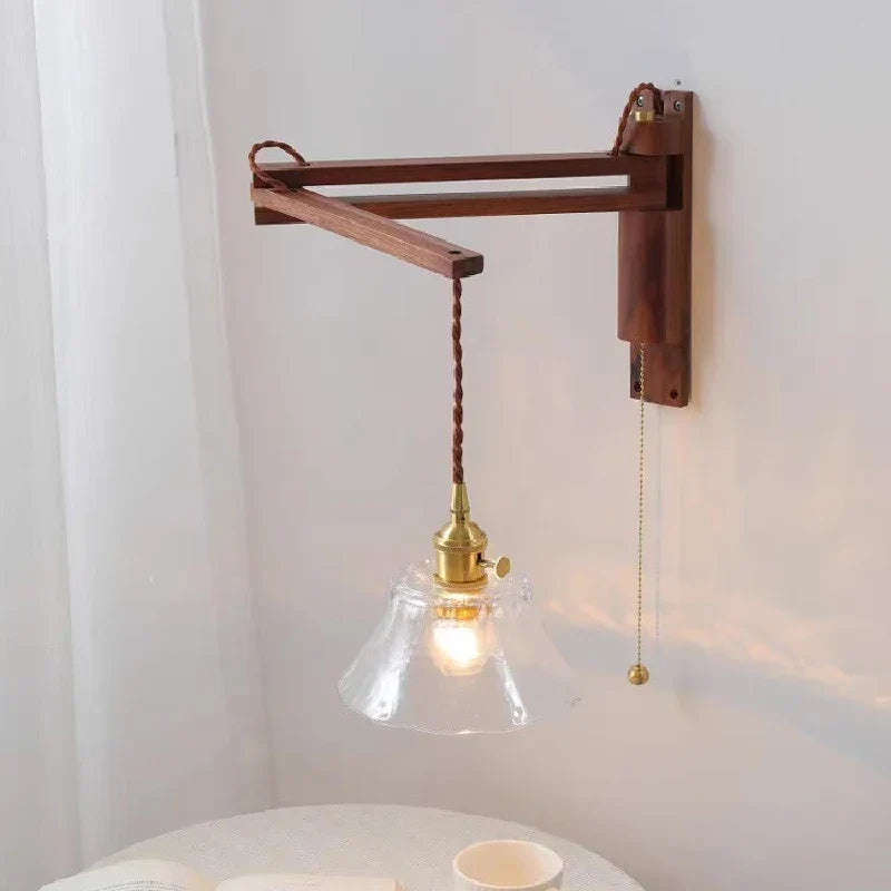 Folding wood glass wall light