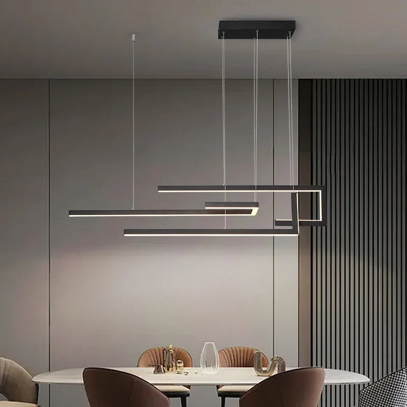 Gold rectangular pendant over a table