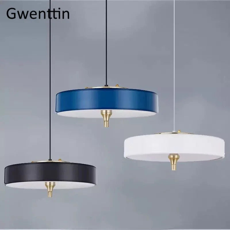 Blue round pendant in a kitchen