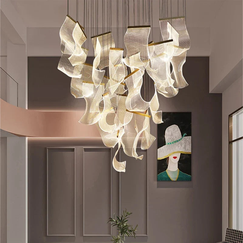 Gold acrylic chandelier in a living room