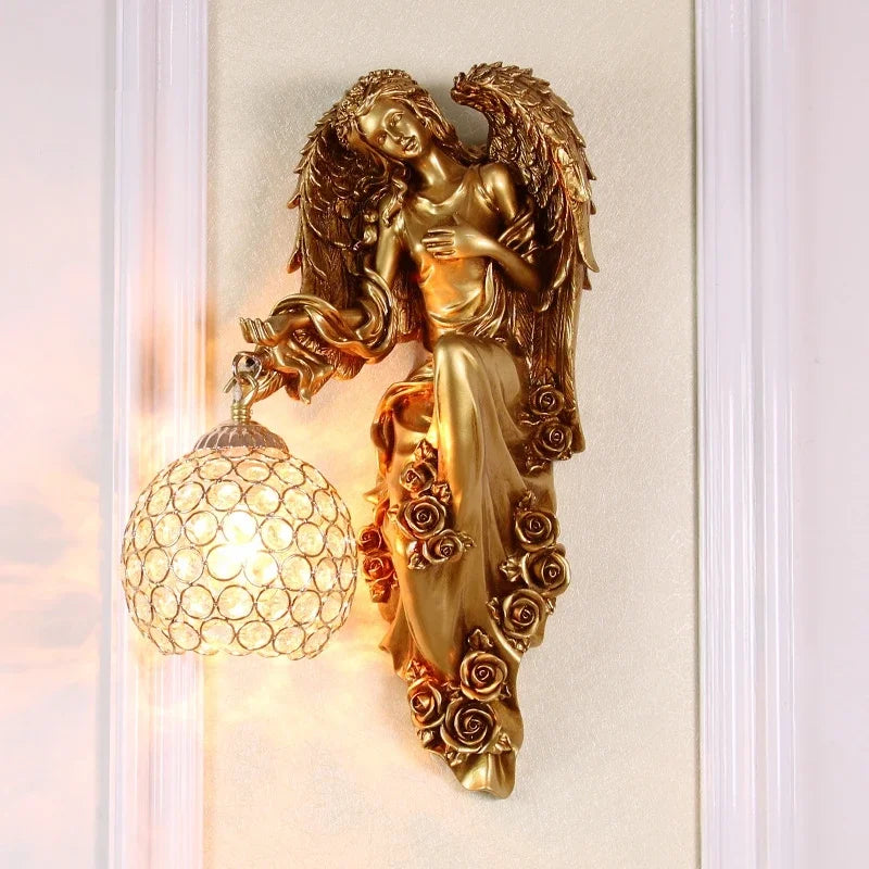 Angel resin wall light with glass shade