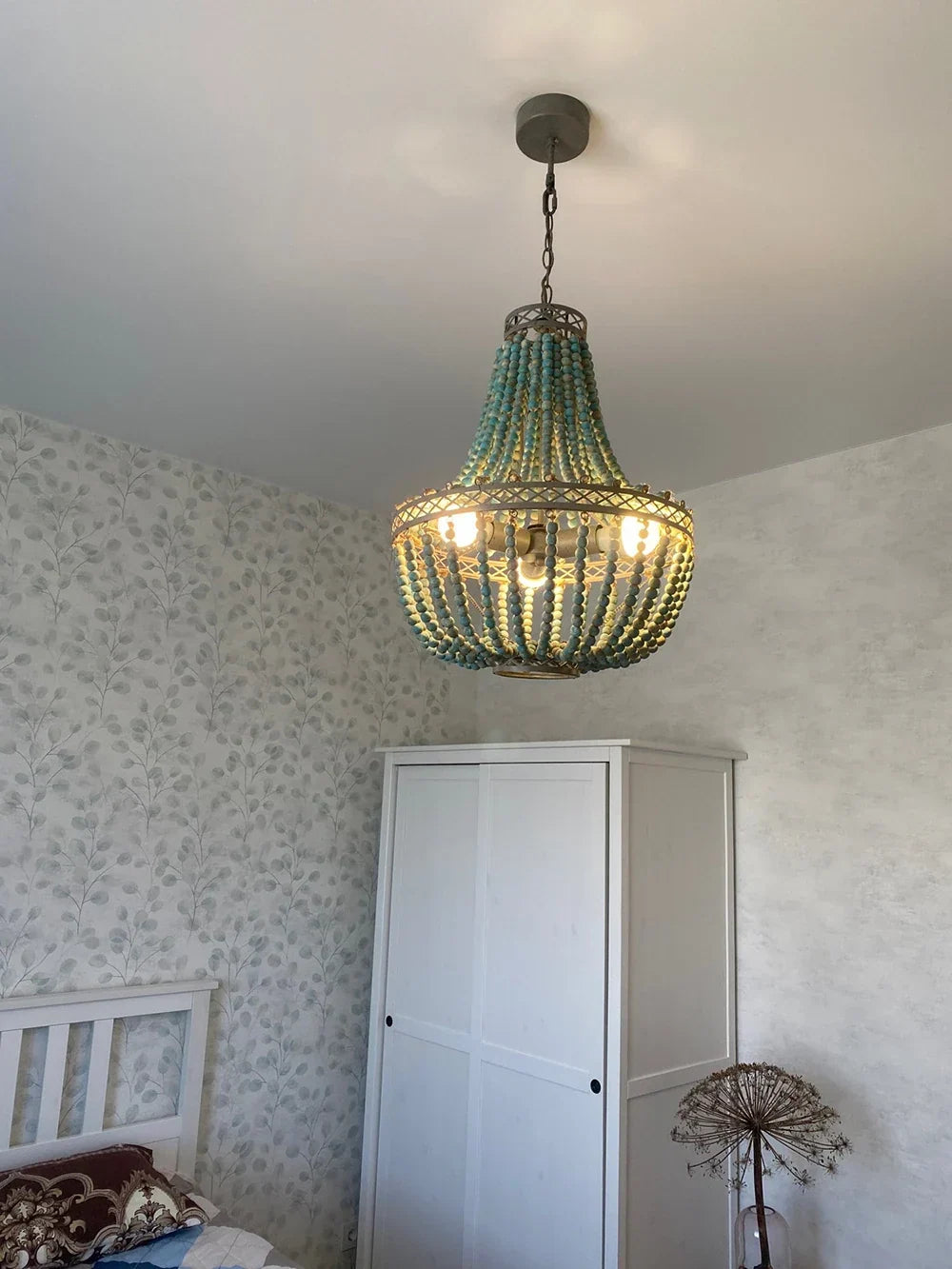 Wood bead chandelier