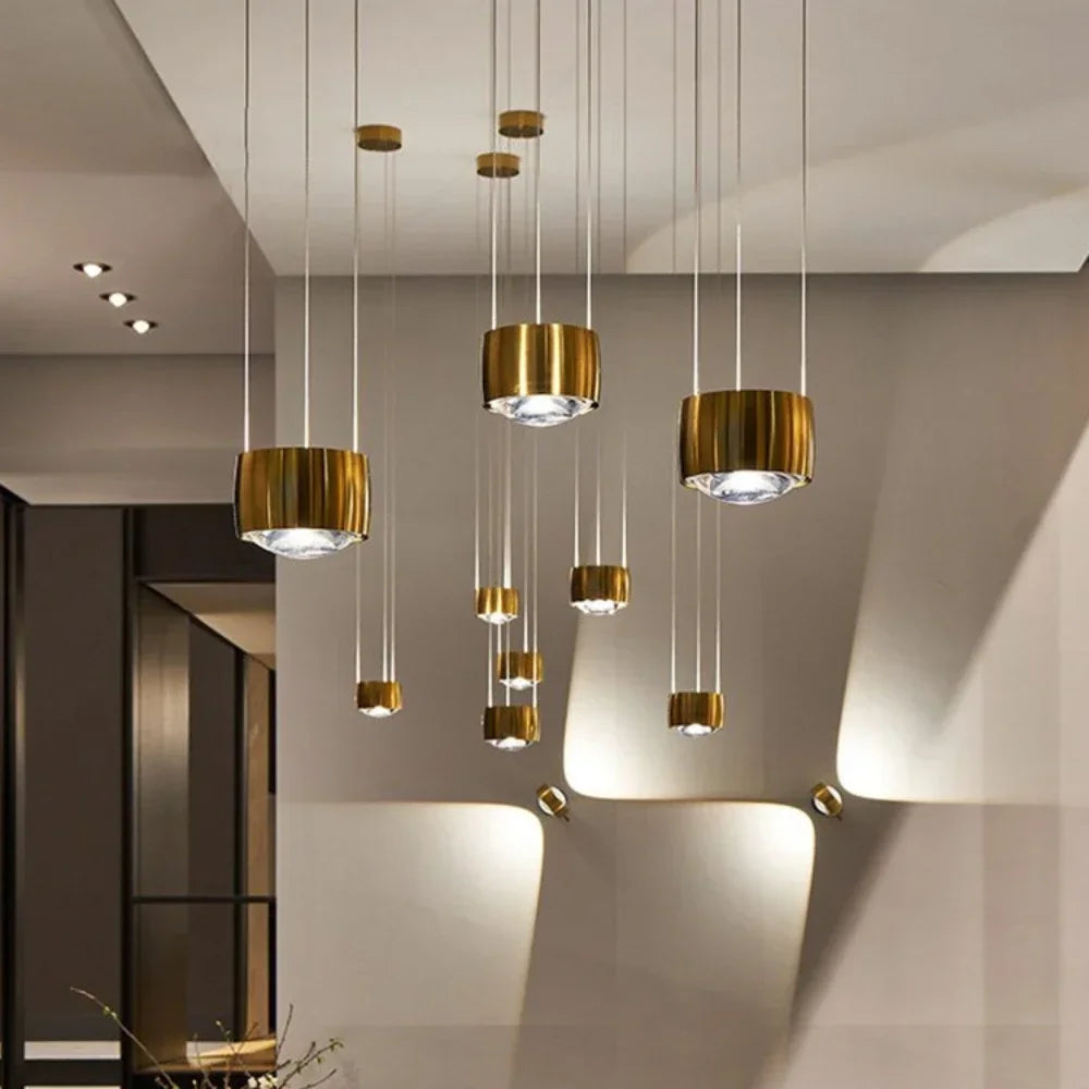 Gold globe pendants in a stairwell