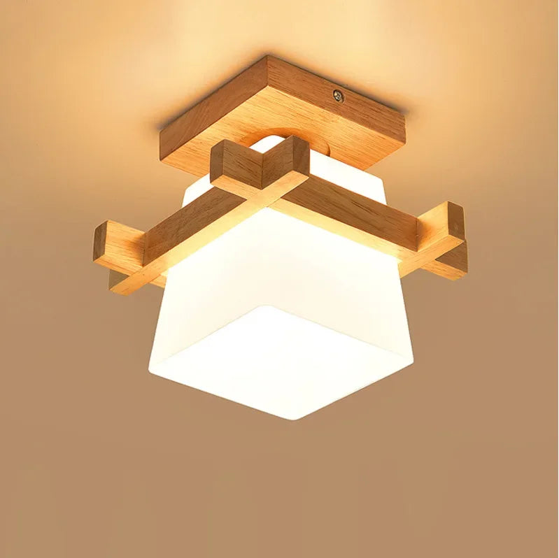 Solid wood glass ceiling light