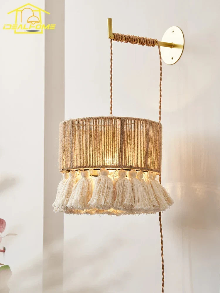 Handwoven hemp rope wall light