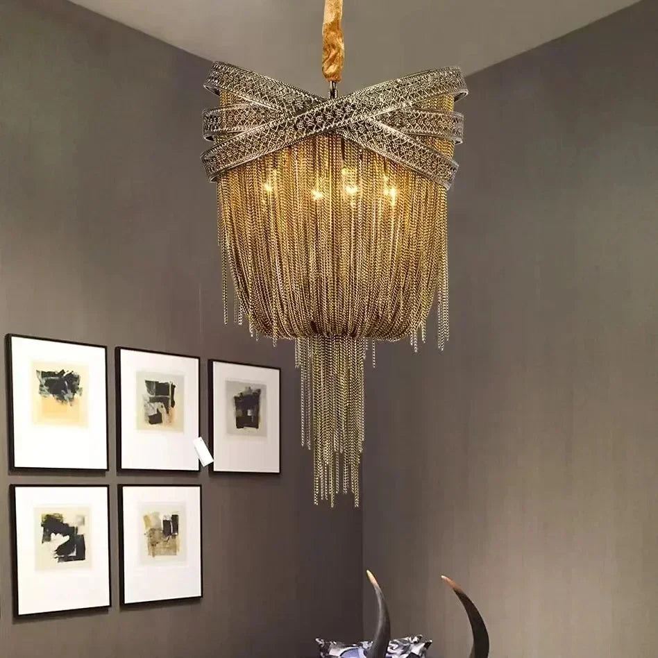 Gold tassel pendant in a dining room