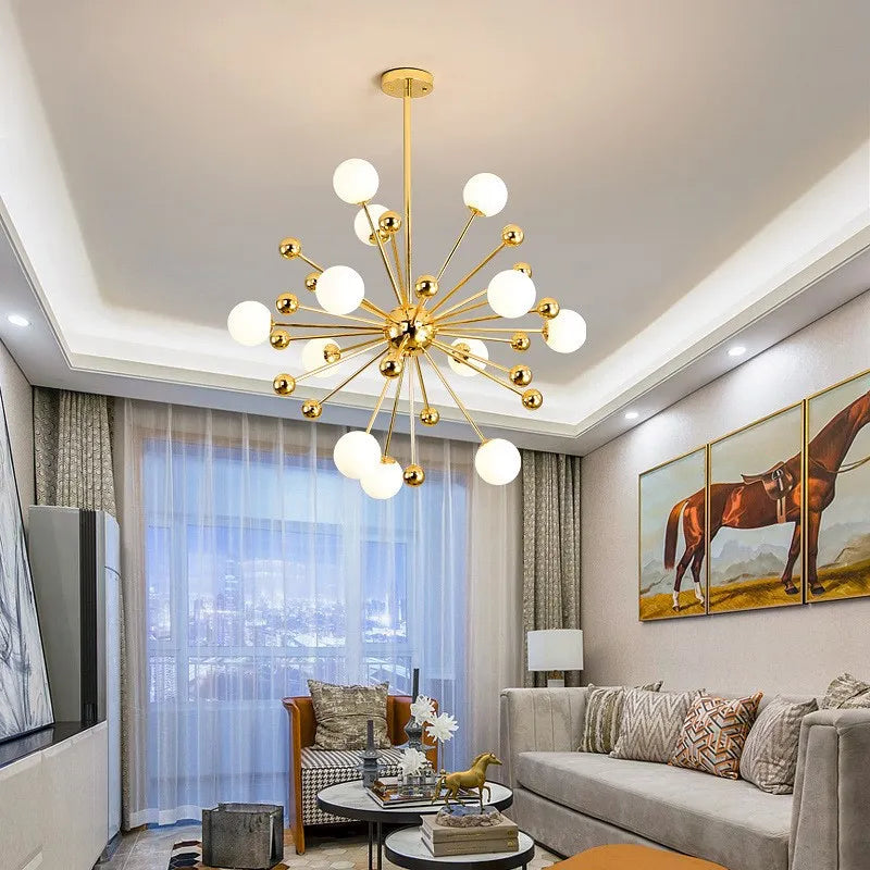 Glass dandelion chandelier in a living room
