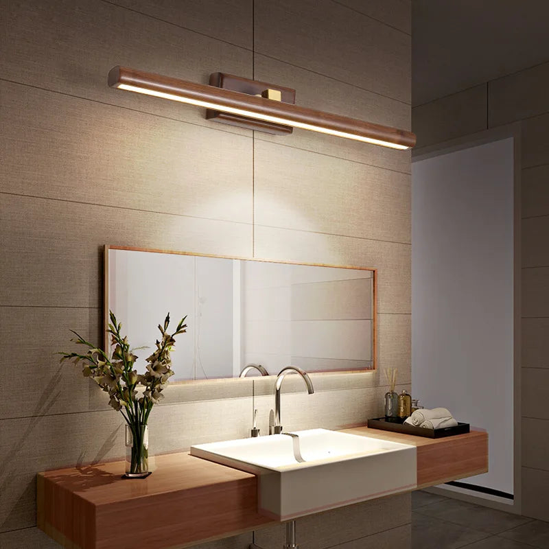 Wood mirror light in a bathroom