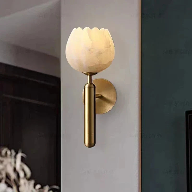 Marble flower wall light in a hallway