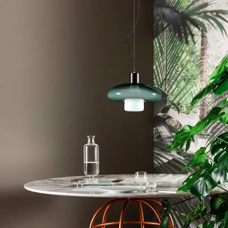 Glass pendant over a kitchen island