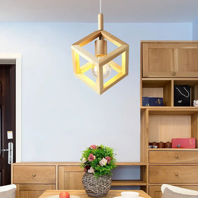 Wood pendant over a kitchen table
