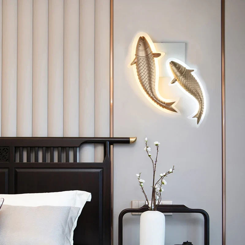 Gold fish wall light in a living room