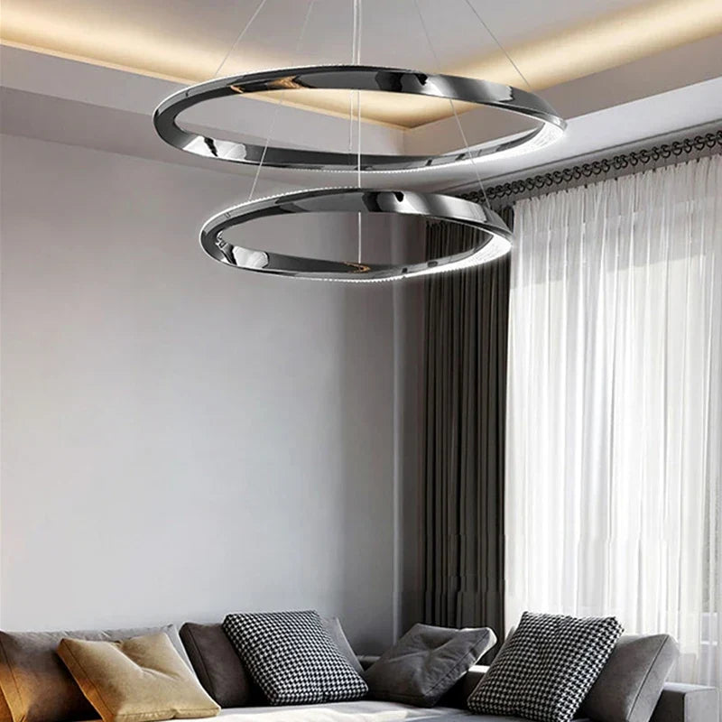 Gold LED ring pendant in a living room