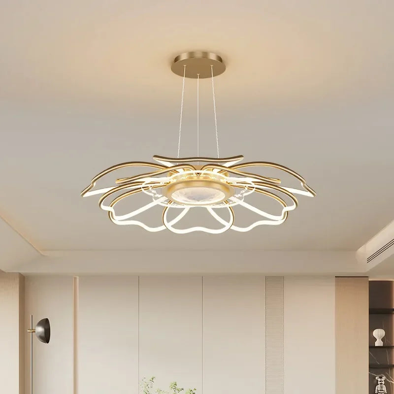 Gold LED chandelier in a living room
