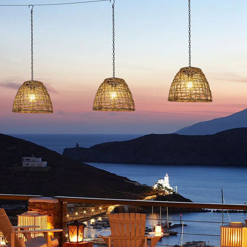 Solar woven rattan outdoor pendant