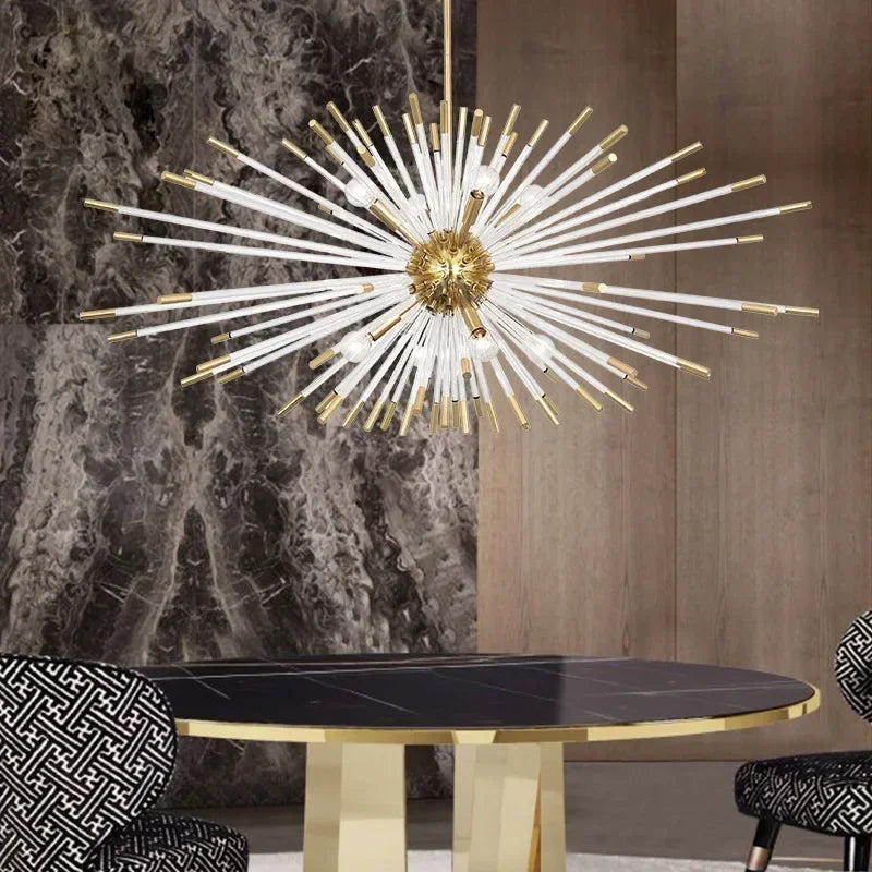 Gold dandelion pendant in a dining room