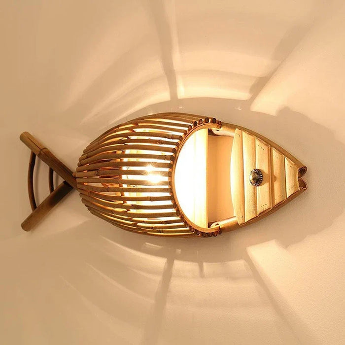 Woven bamboo fish wall light