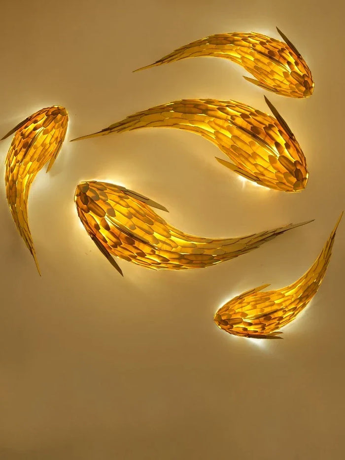 Handwoven bamboo fish wall light