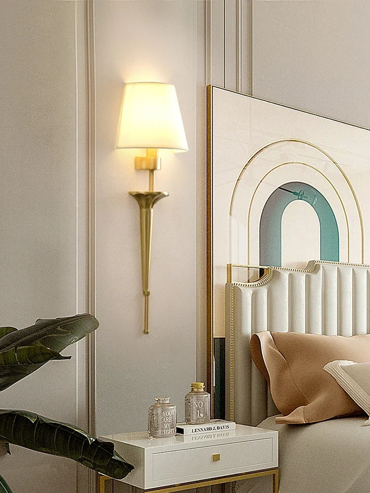 Classic copper wall light with fabric shade