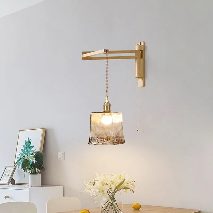 Swivel arm glass wood wall light