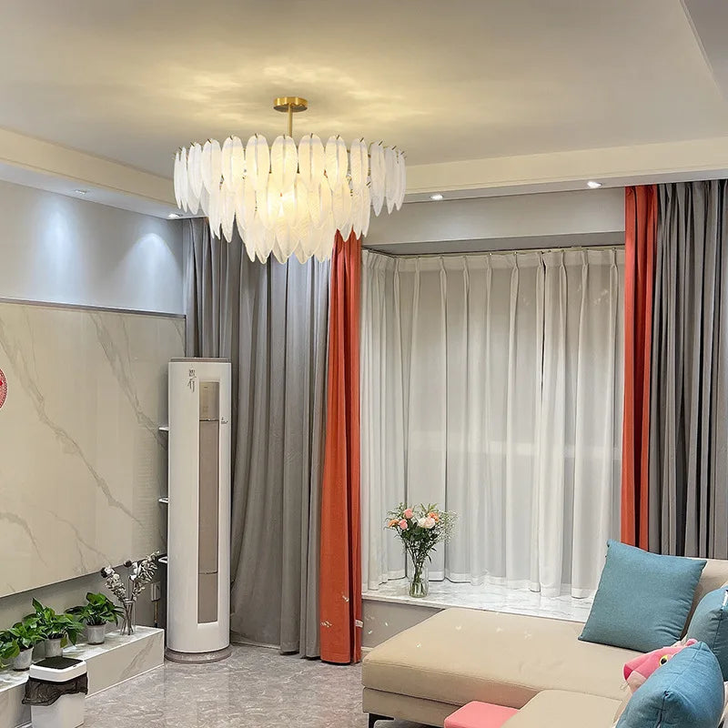 Feather pendant in a living room