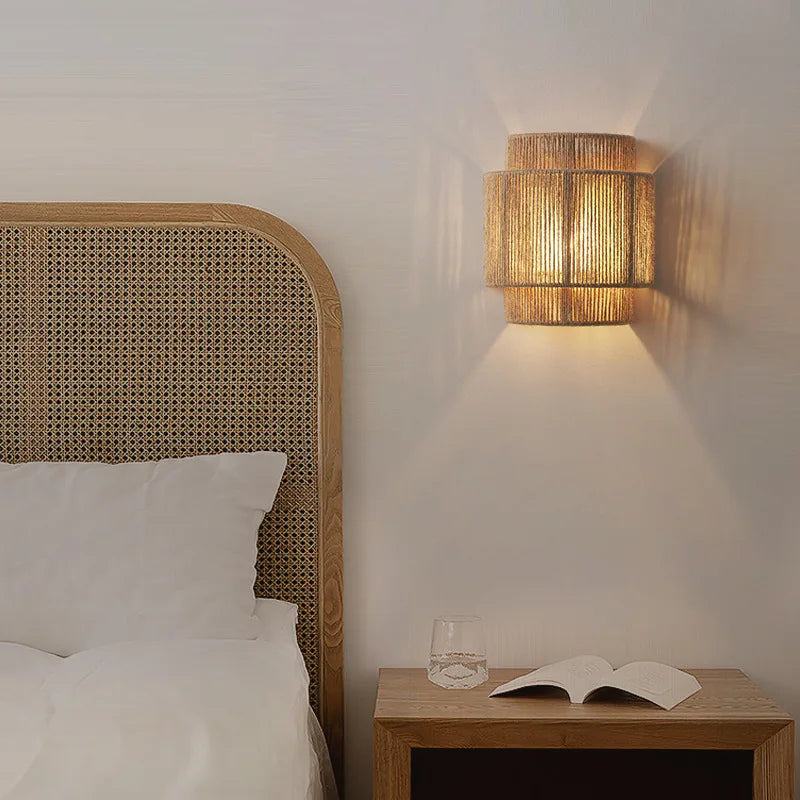 Woven rope wall light in a bedroom