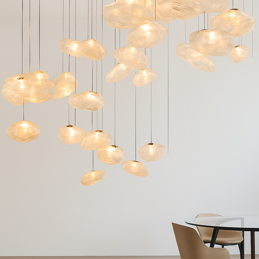 Amber blown glass pendants over a bar