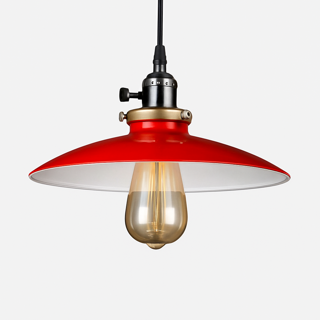 Red metal pendant in a kitchen